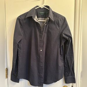 Ralph Lauren Womens Non Iron Navy Blue Polka Dot Button Up Shirt Size Medium
